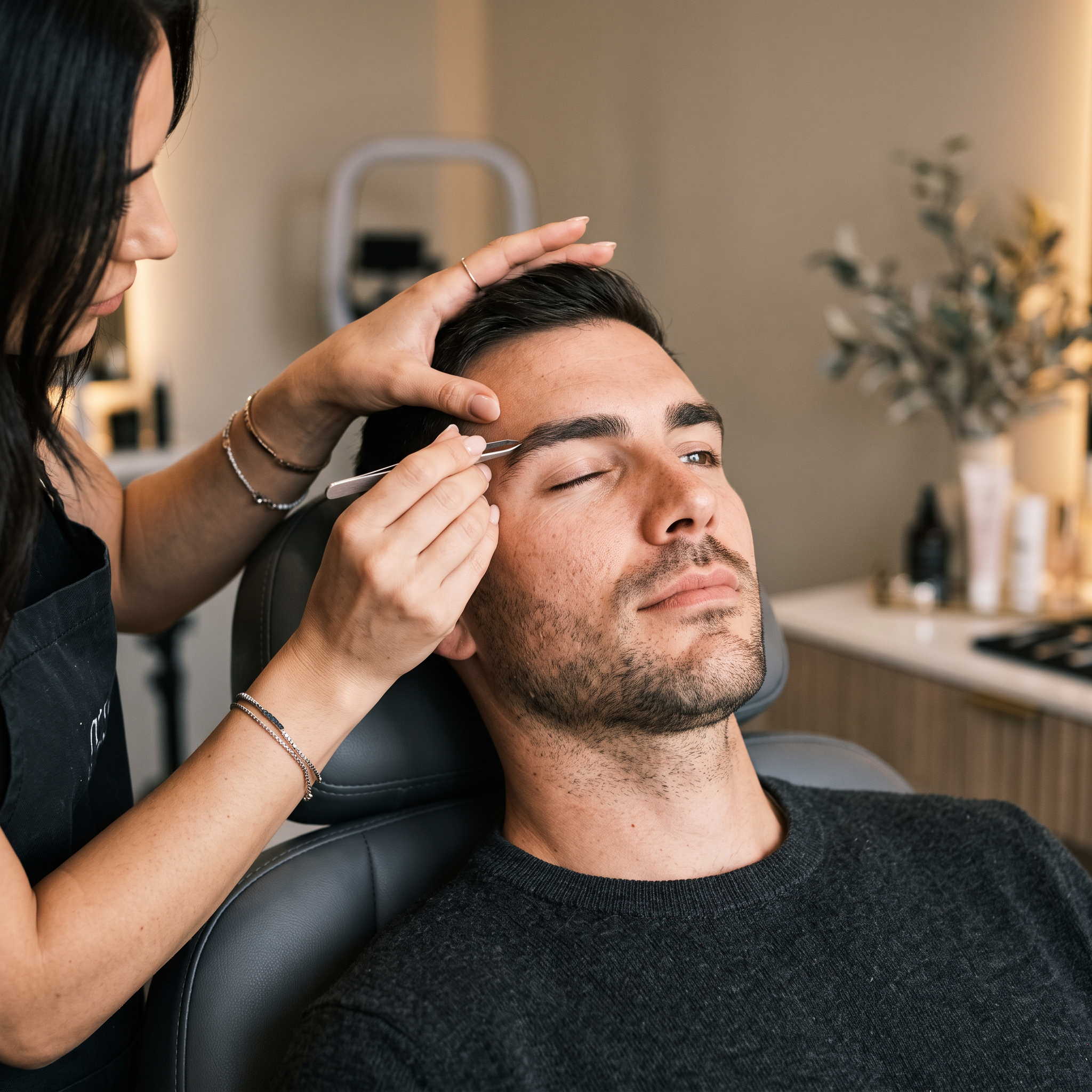 Stilizarea sprâncenelor masculine pe client, în salon