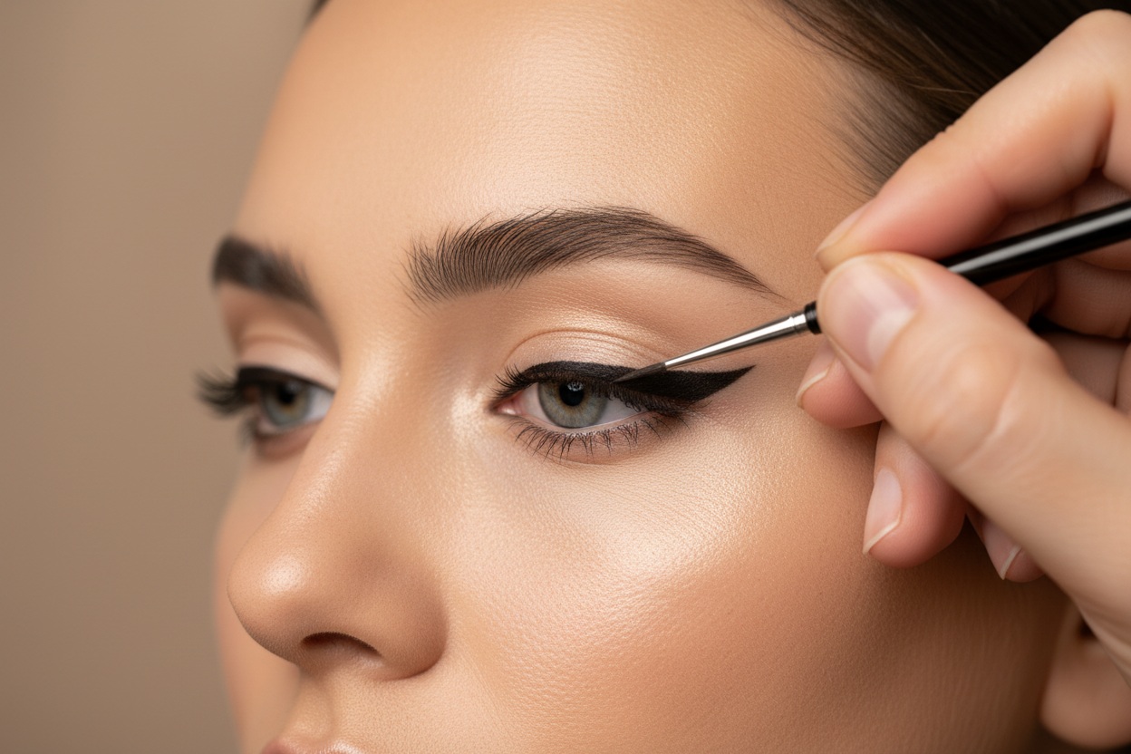Linie de tuș precisă executată pe model — tehnică de perfecționare