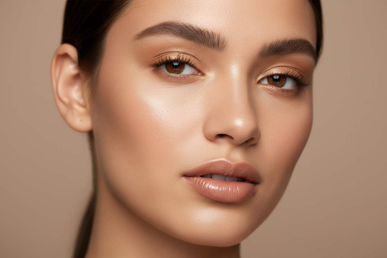 Machiaj natural finalizat — ten luminos, buze nude