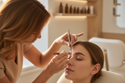Sesiune de training la cursul Brow Start — instructor și cursantă pe model